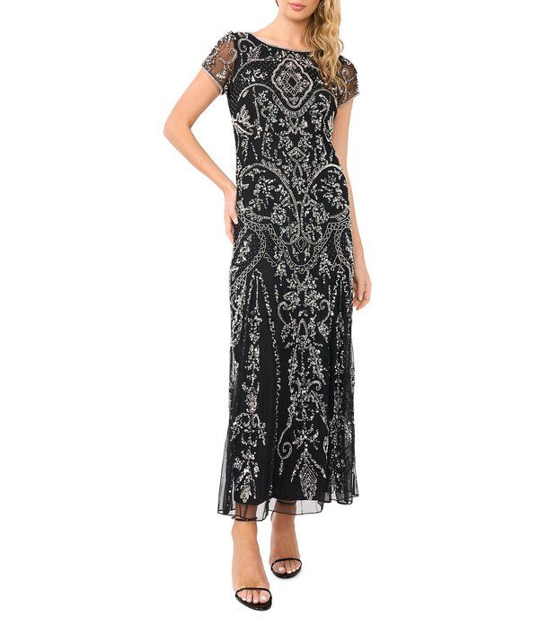 ピサッロナイツ レディース トップス ワンピース メッシュ Pisarro Nights Beaded Mesh Boat Short Illusion Sleeve Sheath Dress Bla