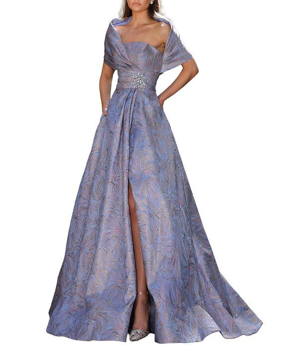 テラニクチュール レディース トップス ワンピース A ライン Terani Couture Jacquard OffTheShoulder ALine Gown Blue Rose ブルー