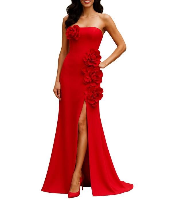 テラニクチュール レディース トップス ワンピース フラワー柄 ストラップレス フラワー Terani Couture Mikado Strapless Floral Applique Sheath