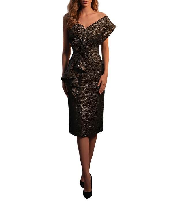 テラニクチュール レディース トップス ワンピース ミディ トール Terani Couture One Shoulder Metallic Jacquard Midi Dress Amber アンバ