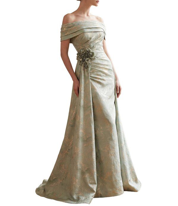 テラニクチュール レディース トップス ワンピース Terani Couture Jacquard OffTheShoulder Sheath Gown Sage Gold セージ