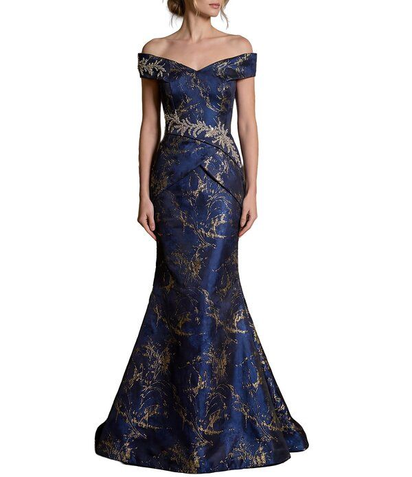 テラニクチュール レディース トップス ワンピース Terani Couture Off Shoulder Jacquard Longown Midnight Gold ゴールド