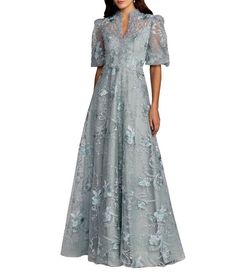 マックダガル レディース トップス ワンピース A ライン Mac Duggal Queen Anne Puff Sleeve A Line Gown French Blue ブルー