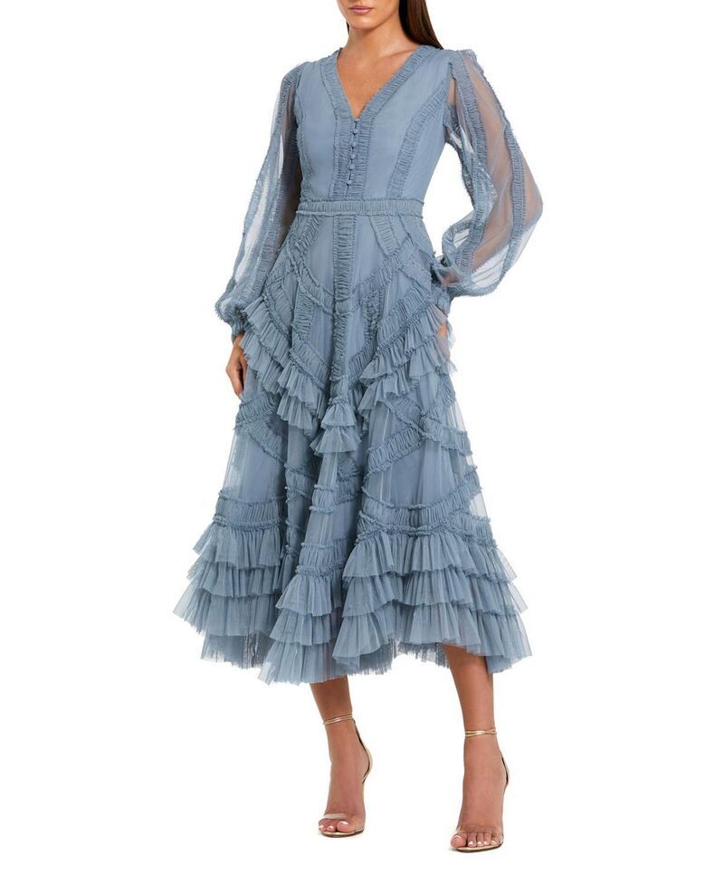 マックダガル レディース トップス ワンピース Vネック プチ フリル メッシュ ミディ Mac Duggal Petite Long Sleeve V Neck Mesh Micro Ruffle