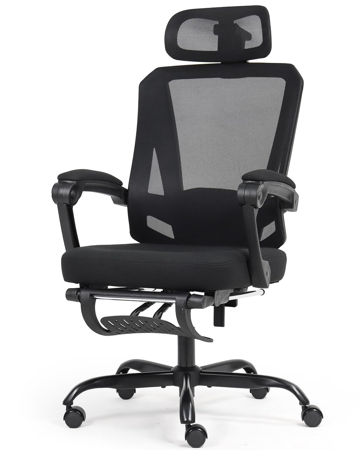 オフィスチェア メッシュ リクライニング150° フットレスト付き 3Dヘッドレスト ランバーサポート 人間工学 高さ調整10cm 360°回転 通気性 床傷防止PUキャスター 在宅勤務 テレワーク (ブラック)Ju