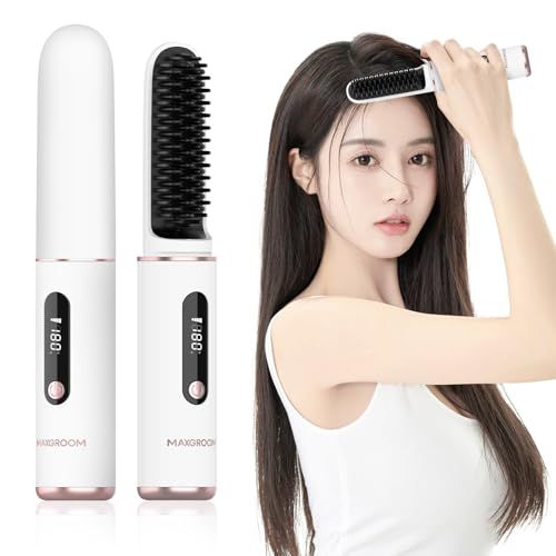 MAXGROOM ヒートブラシ コードレス ブラシ型ヘアアイロン ストレートブラシ マイナスイオン 静電気防止 火傷防止ヘアケア 4500mAh大容量 USB充電式 140?200℃ 4段階温度調整 デジタル表示 セラミックコーティング 簡単 712f669e
