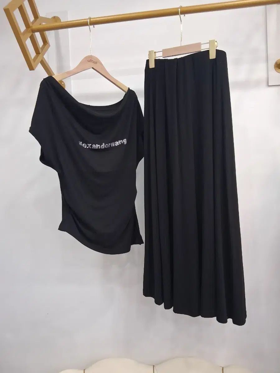 ブラック 綿麻 半袖Tシャツ ロング スカート セット (66まで)
