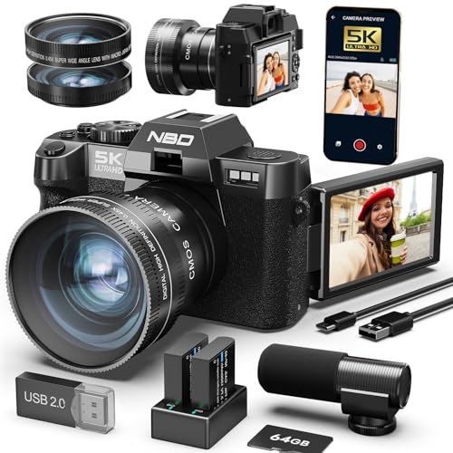NBD 5K 6400万画素 一眼レフカメラ｜F1.8大口径レンズ・180度回転モニター｜フォーカス?手ぶれ補正｜Wi-Fi遠隔操作・16倍ズーム｜外付けマイク付属｜Vlog・旅行・初心者向けデジタルカメラ｜マクロ+広角レンズ＆ウェブカメラ機 0456221b