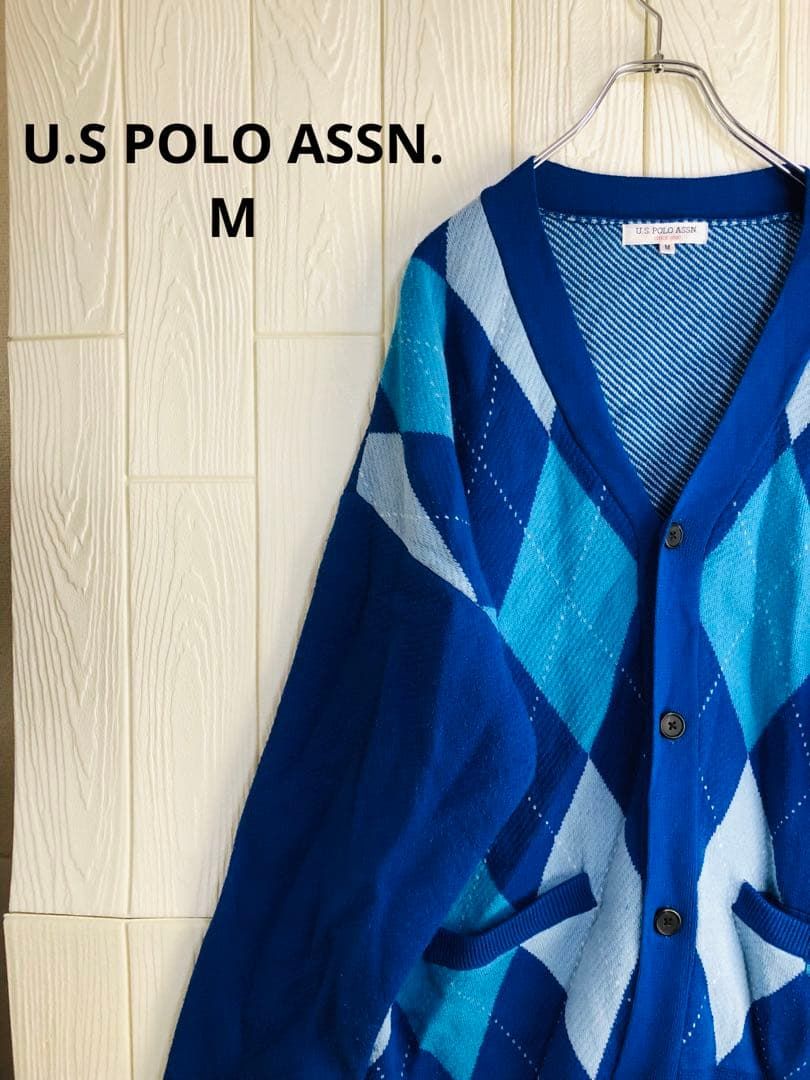 U.S POLO ASSN. 青系ダイヤモンドパターンカーディガン　Mサイズ