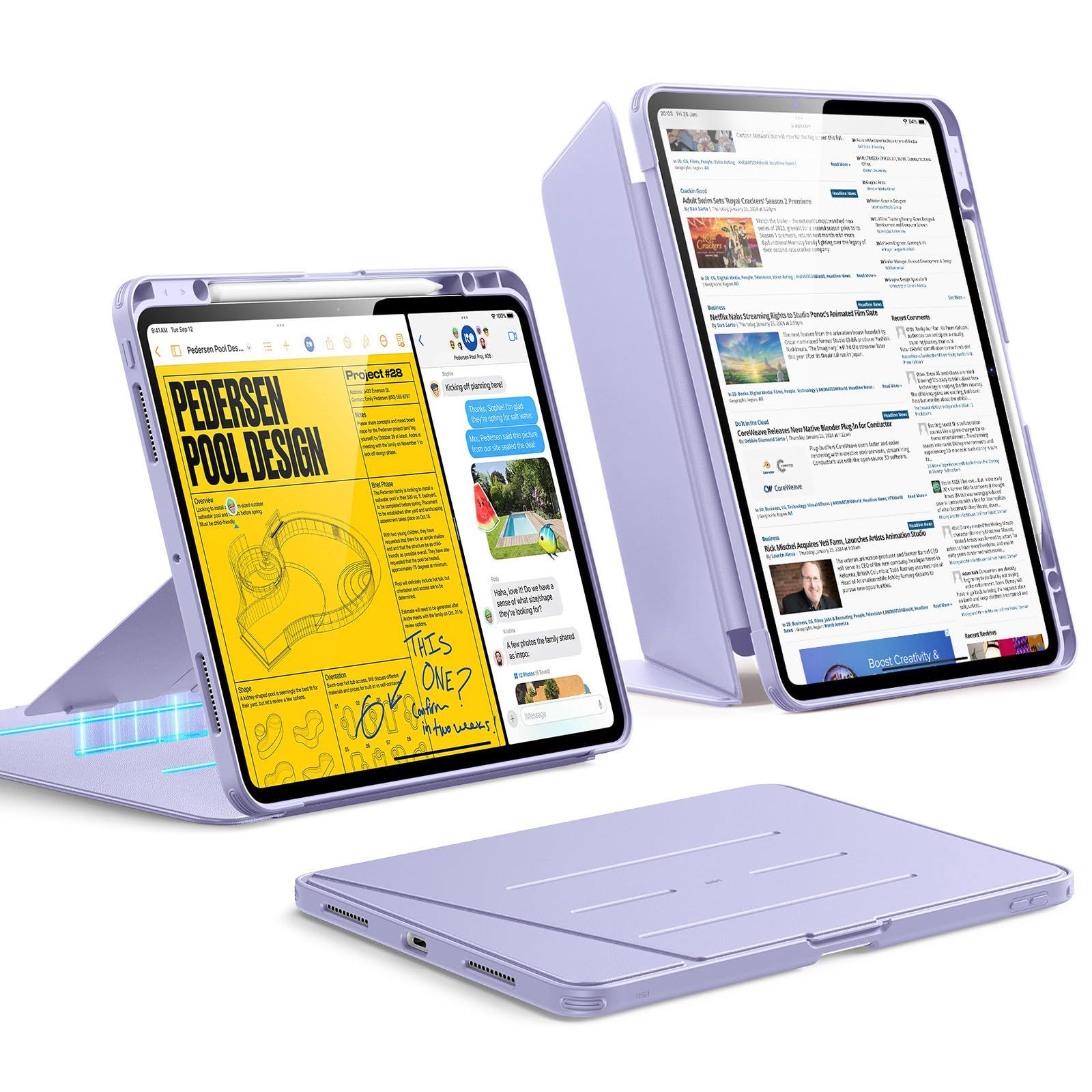 新品 ESR iPad Pro 13インチ ケース（M5/M4、2025/2024）対応 ペン収納 耐衝撃 縦横スタンド 自動ウェイク/スリープ Pencil Pro/USB-C対応 マルチアングルケース Flipシリーズ パープル