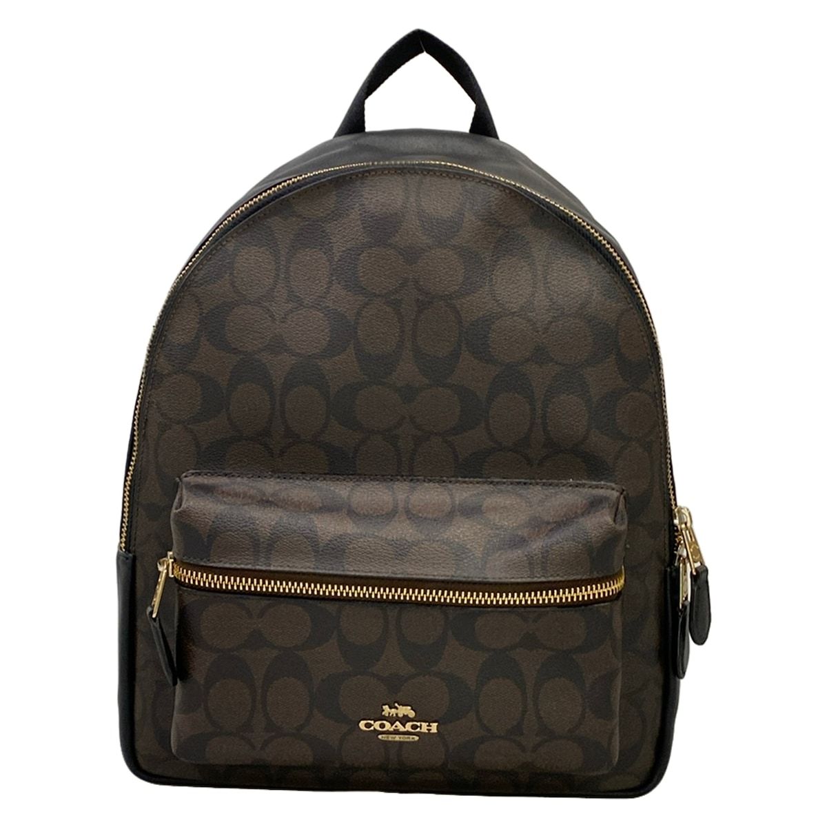 COACH(コーチ) リュックサック チャーリー シグネチャー PVC レザー ミディアム バックパック F32200 黒×ダークブラウン レザー