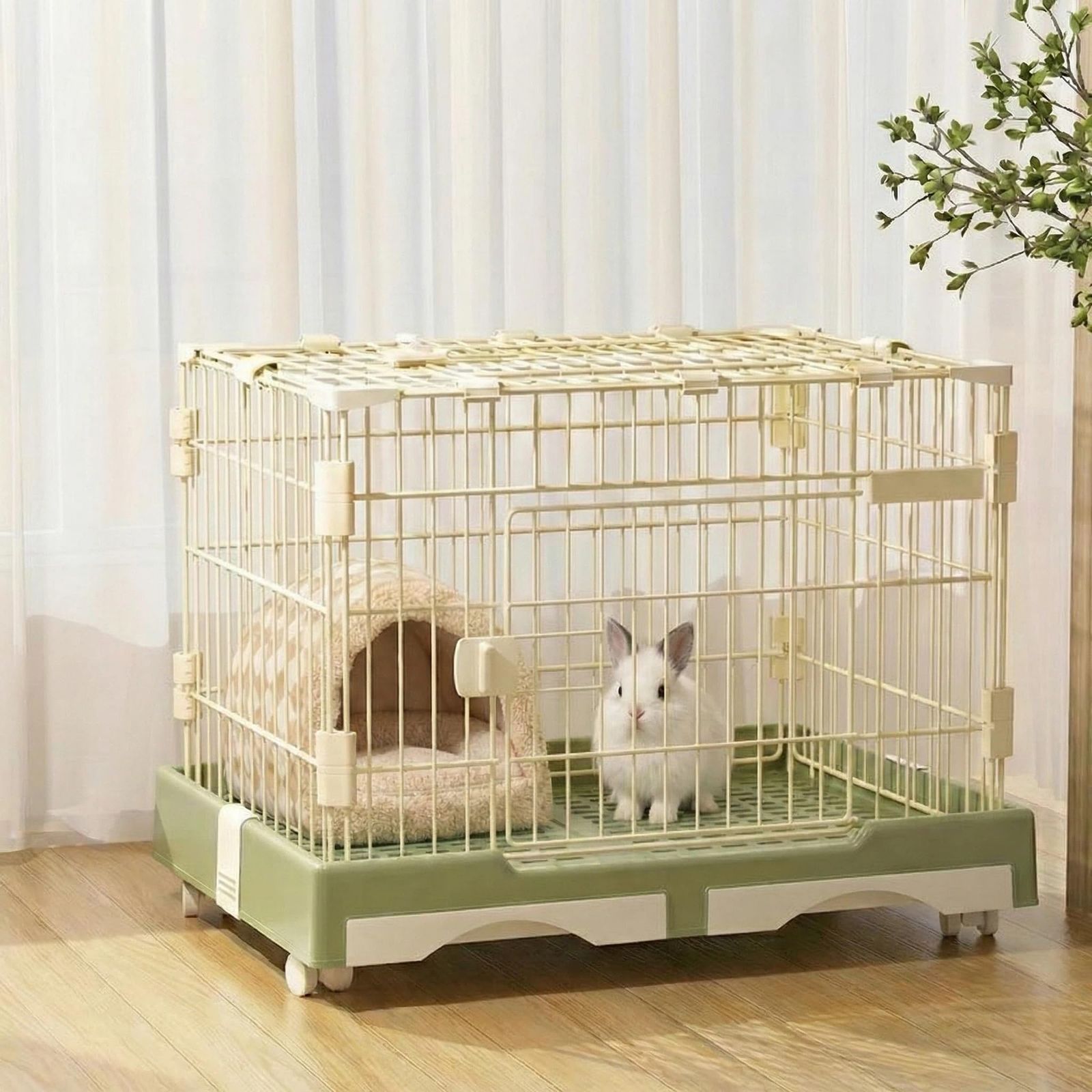 タピパンダ＼TAPI PANDA ウサギ用ケージ 猫用ケージ 小動物用 キャスター付き移動便利 組立簡単 工具不要 引き出しトイレ付 掃除簡単 室内飼い (グリーン)Ju
