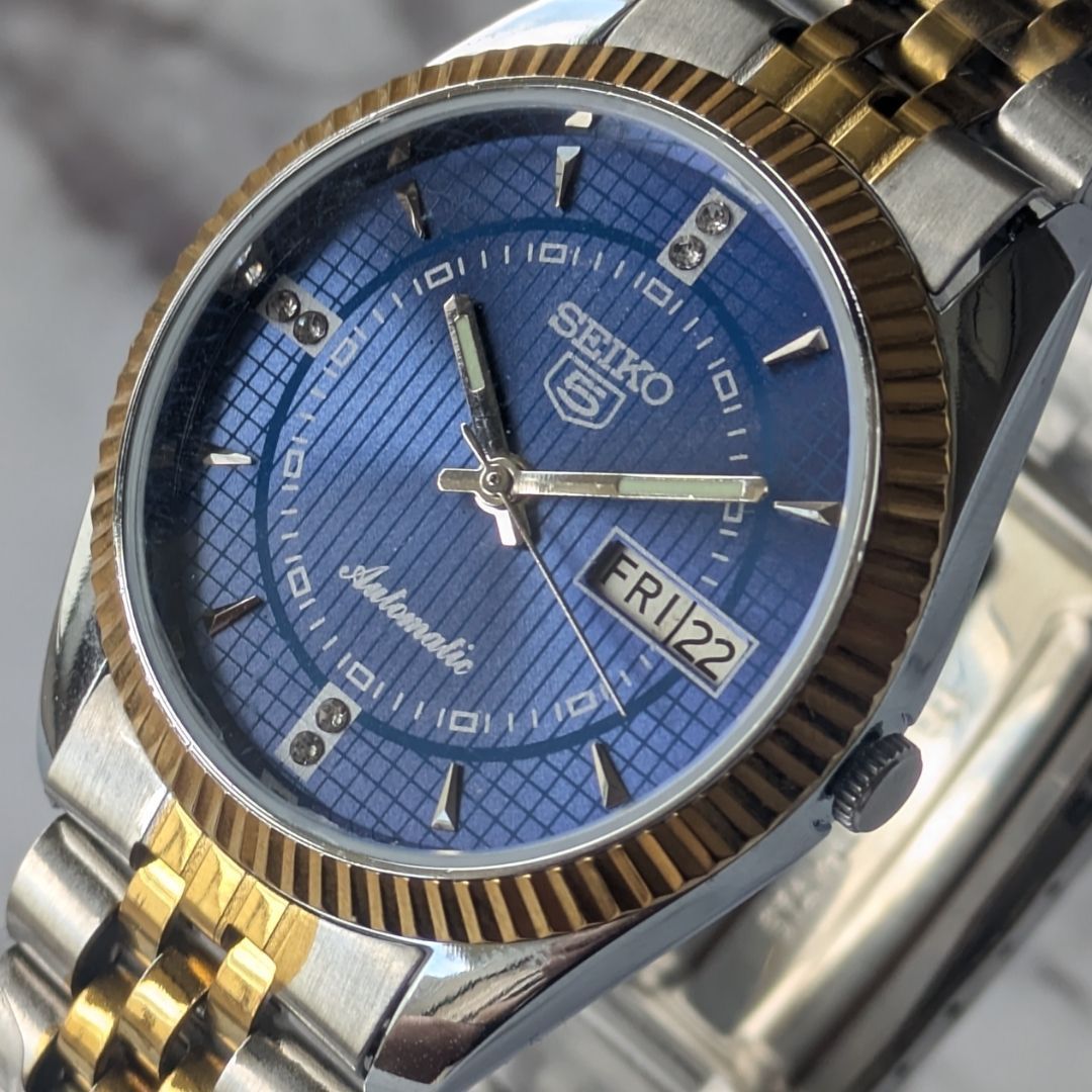 稼働品 SEIKO セイコー5 自動巻き 80s ヴィンテージ 青文字盤 格子模様 コンビベルト