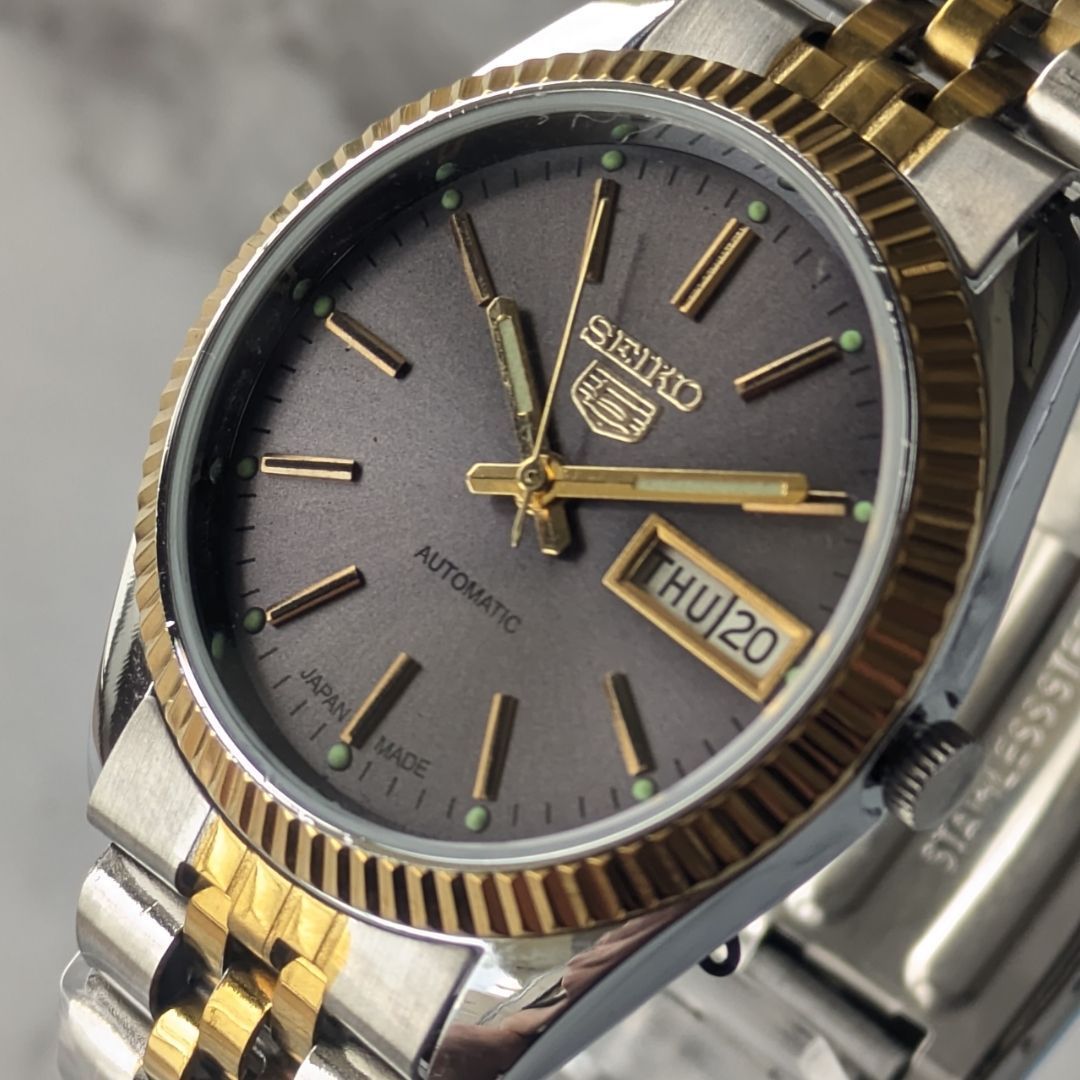 稼働品 SEIKO セイコー5 自動巻き 80s ヴィンテージ グレー文字盤 ゴールドベゼル コンビベルト