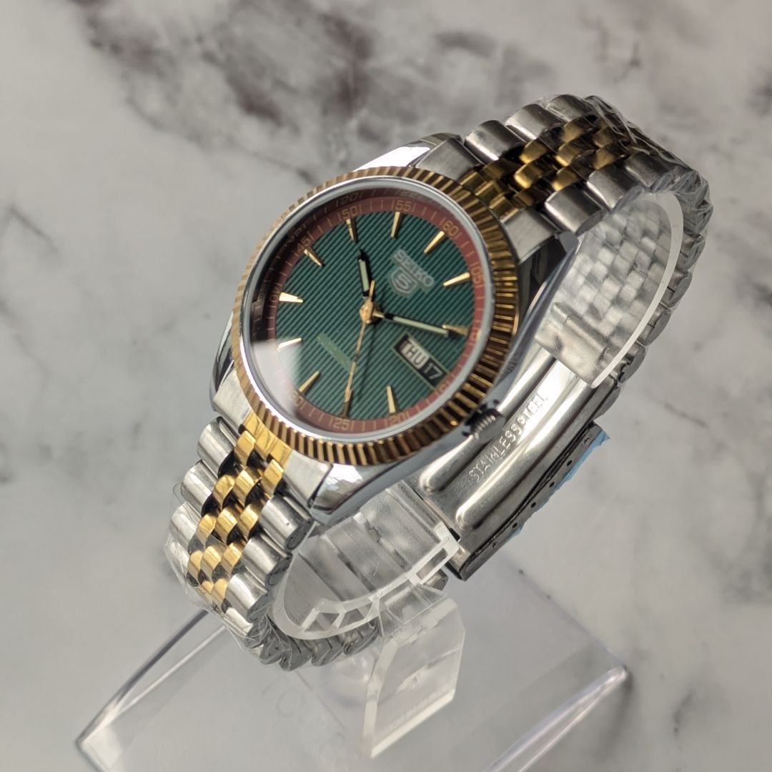 稼働品 SEIKO セイコー5 自動巻き 90s ヴィンテージ 緑文字盤 縦縞 