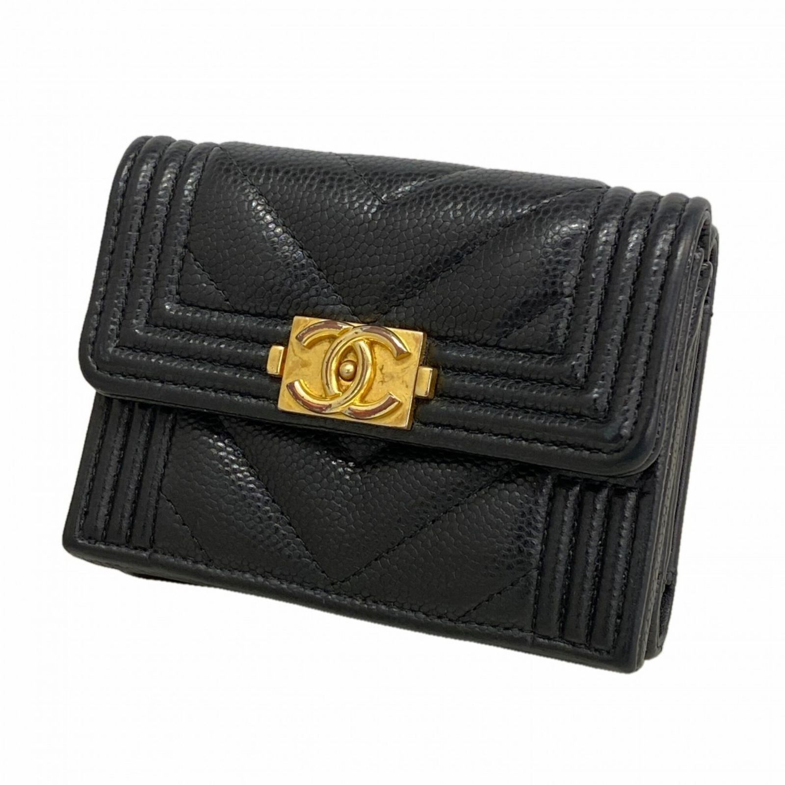 シャネル(Chanel) シャネル 三つ折り財布 ボーイシャネル キャビアスキン ブラック レディース