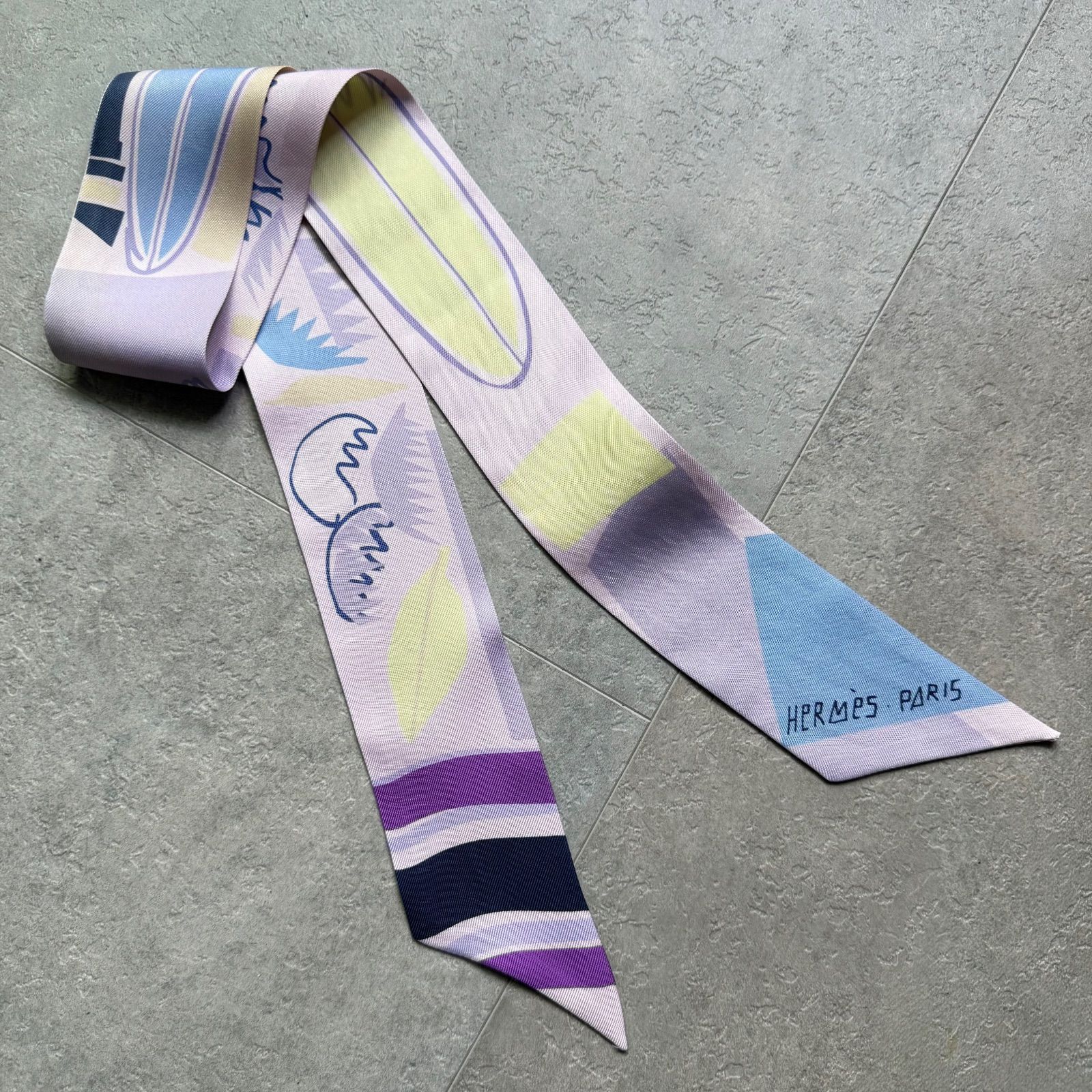HERMES エルメス ツイリー パープル マルチ リボンスカーフ SEA SURF AND FUN シルク