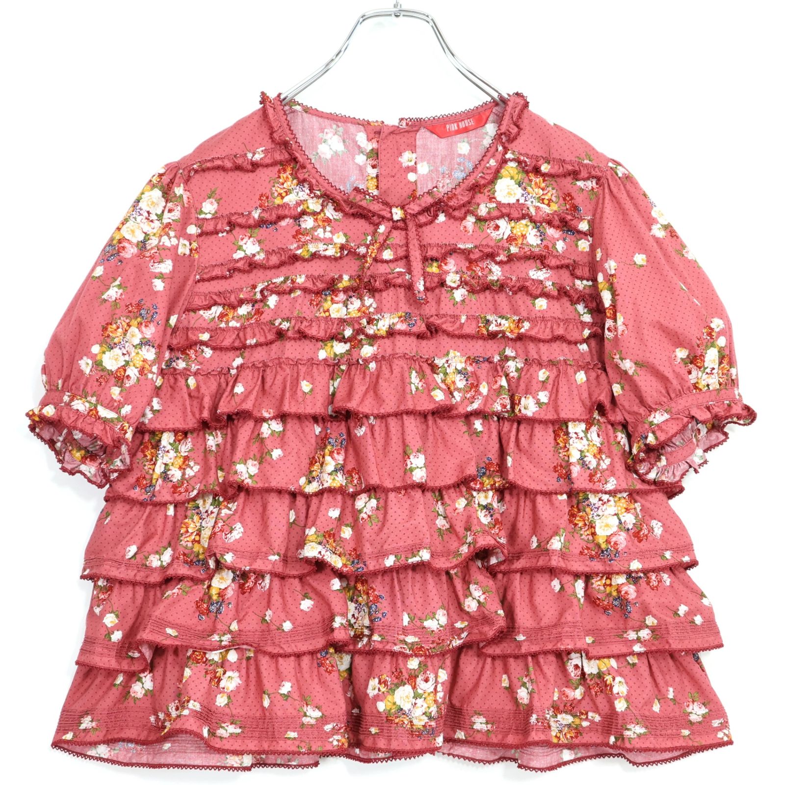 【美品】ピンクハウス★かぶせ段々フリル♪ドットと花柄のふんわりブラウス 赤紫系 ピコレース&リボン♪薄手 z21087