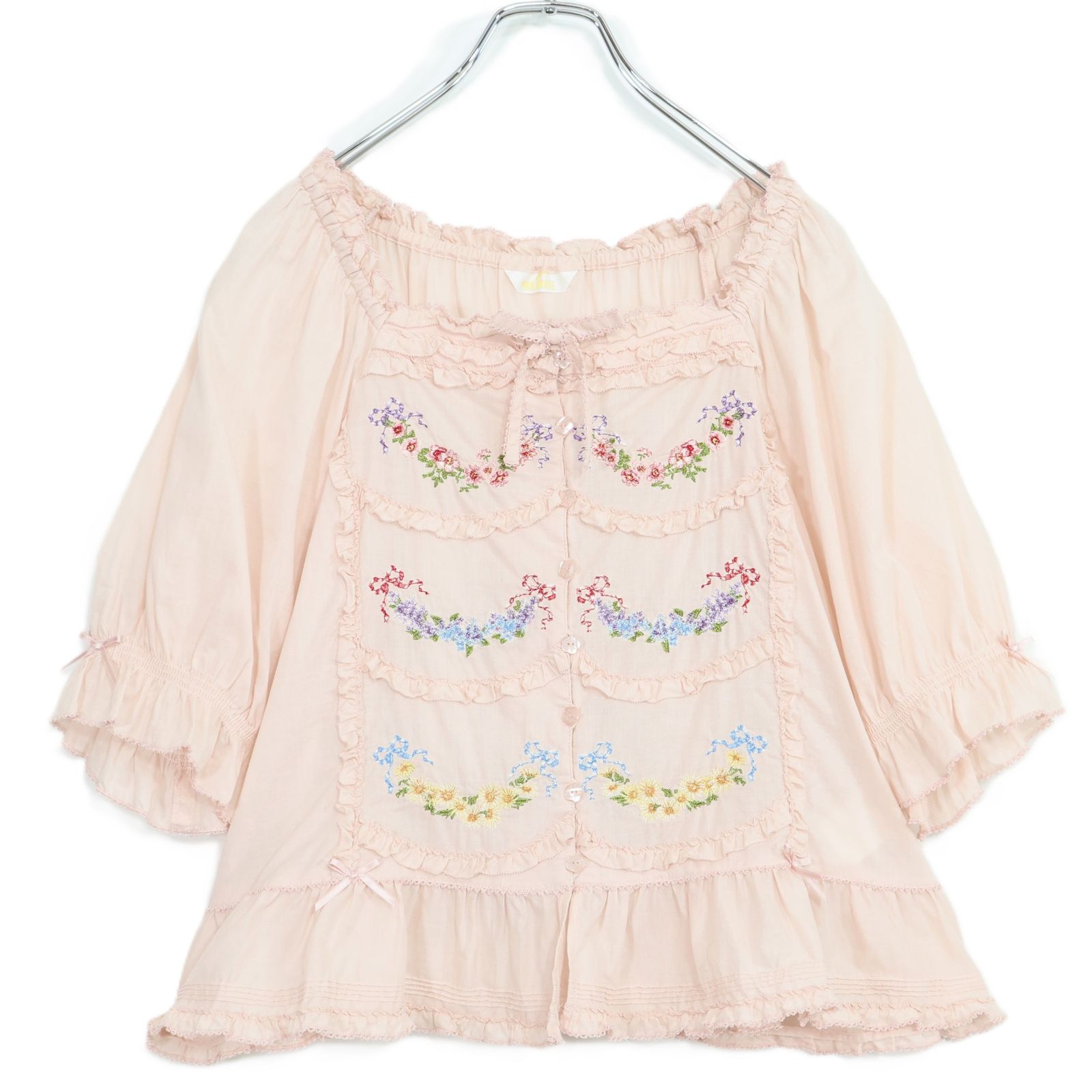 【美品】ピンクハウス★le langage des fleurs 刺繍入りローンブラウス ピンク系 前開き フリル&リボン♪2023年 z21088
