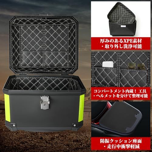 【新品】Rockykey リアトランク 57L リアボックス トップケース 大容量 防水 防犯対策 高強度ポリプロピレン レストバック付き 取付ベース付属 バイクボックス BLACK 76b4882e