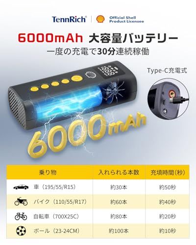 【新品】Shell シェル 電動空気入れ 6000mAh 大容量バッテリー 最大圧力150PSI 自転車 空気入れ バイク 車 用 エアコンプレッサー 小型 Type-C 充電式 コードレス 自動停止 低騒音 仏/英/米式バルブ対応 SOS/ 92ce926a