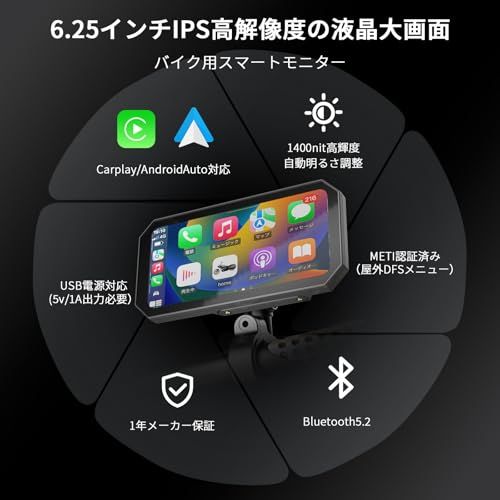 【新品】BOIFUN バイク用スマートモニター【業界初・縦横表示切替対応・ 6.25インチ大画面】Carplay/Android Auto対応・ バイク用モニター　スマホ連携 バイク用ナビ ワイヤレス 自動輝度調整 IPX65防水防塵 耐熱 aac7eb5f