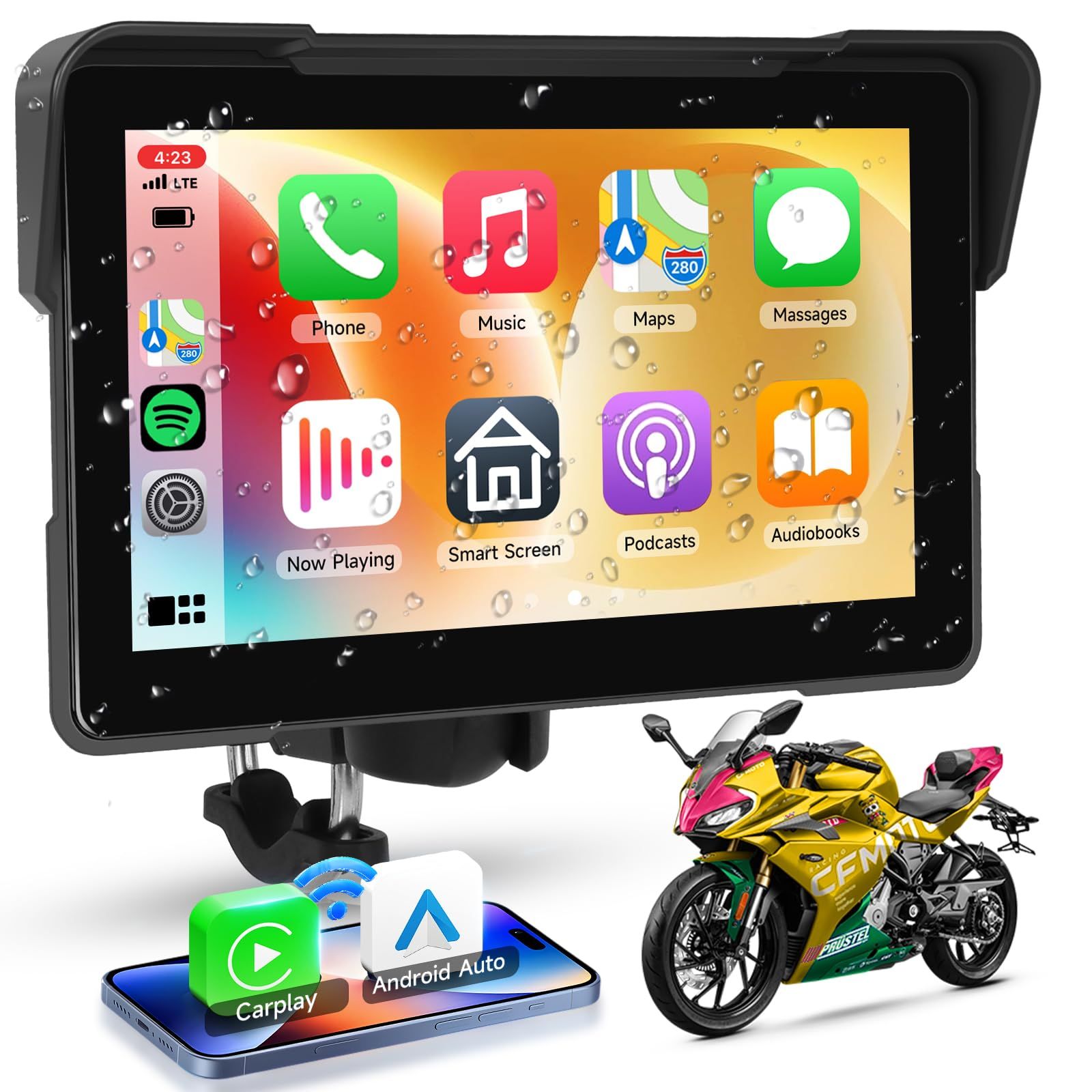 【新品】バイク モニター carplayワイヤレスCarPlay＆アンドロイドオート、Carplay GPSナビゲーション、AirPlayアンドロイドキャストBluetooth EQと7インチHD防水タッチスクリーンオートバイのためのポータブ 846483db