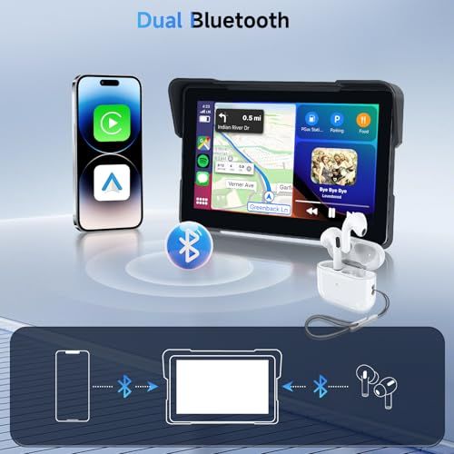 【新品】バイク モニター carplayワイヤレスCarPlay＆アンドロイドオート、Carplay GPSナビゲーション、AirPlayアンドロイドキャストBluetooth EQと7インチHD防水タッチスクリーンオートバイのためのポータブ 846483db