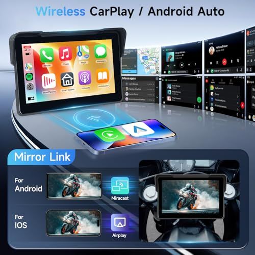 【新品】バイク モニター carplayワイヤレスCarPlay＆アンドロイドオート、Carplay GPSナビゲーション、AirPlayアンドロイドキャストBluetooth EQと7インチHD防水タッチスクリーンオートバイのためのポータブ 846483db