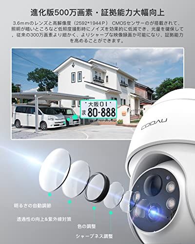 【新品】【進化500万超高画素・天井/壁両用防犯カメラ】COOAU 防犯カメラ 屋外 ソーラー 4灯夜間カラー撮影 PIR人体検知 5dBiWiFi強化 360°広角撮影 PTZカメラ 監視カメラ 屋外用 電源不要 配線工事不要 ぼうはんかめ 26cbd9bb