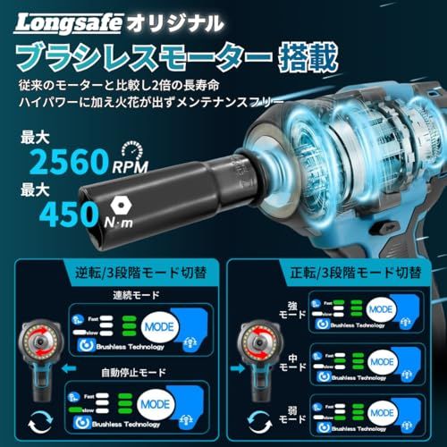 【新品】マキタ 互換 充電式 インパクトレンチ 450N ソケット3種 収納ケース セット ブラシレスモーター リングライト 搭載 タイヤ交換 電動 コードレス 18V バッテリー対応 本体のみ Longsafe (IPW02-BL) (本体 7b27f62e