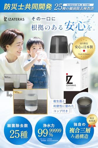 【新品】【日本製/防災士監修】3層濾材仕様の携帯浄水器 コップ付属モデル ［25の有害物質除去検査済×日本浄水器協会仕様に準拠］ 災害用浄水器・アウトドア・海外旅行にも c80d4c45