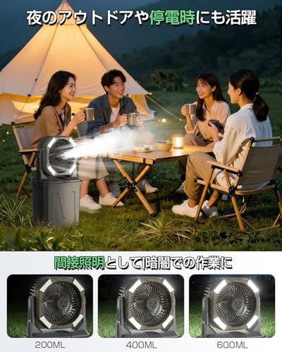 【新品】キャンプ 扇風機 ミストファン 40000mAh大容量 アウトドアファン 10L水タンク 噴霧機能 DCモーター 静音 瞬間冷却 卓上扇風機 上下首振り 照明付き 超長時間連続使用 風量4段階調節 Type-C充電式 吊り下げ可 タイ 4fea49ed