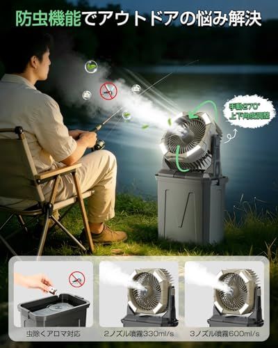 【新品】キャンプ 扇風機 ミストファン 40000mAh大容量 アウトドアファン 10L水タンク 噴霧機能 DCモーター 静音 瞬間冷却 卓上扇風機 上下首振り 照明付き 超長時間連続使用 風量4段階調節 Type-C充電式 吊り下げ可 タイ 4fea49ed