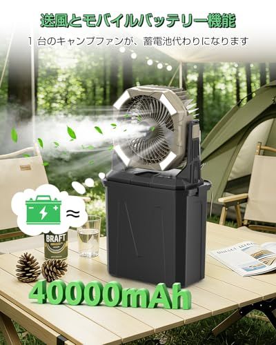 【新品】キャンプ 扇風機 ミストファン 40000mAh大容量 アウトドアファン 10L水タンク 噴霧機能 DCモーター 静音 瞬間冷却 卓上扇風機 上下首振り 照明付き 超長時間連続使用 風量4段階調節 Type-C充電式 吊り下げ可 タイ 4fea49ed