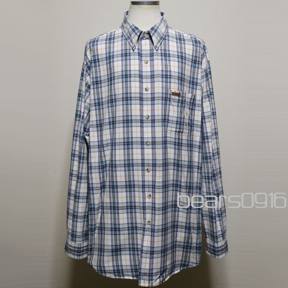 【カーハート】シャツ メンズ 2XLT 3XL 白 青 黄 マドラスチェック 2003年製 レザーパッチ 超オーバーサイズ 長袖 少々汚れありUSED品 アメリカ古着