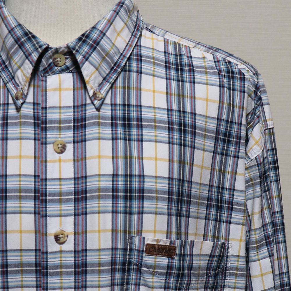 【カーハート】シャツ メンズ 2XLT 3XL 白 青 黄 マドラスチェック 2003年製 レザーパッチ 超オーバーサイズ 長袖 少々汚れありUSED品 アメリカ古着