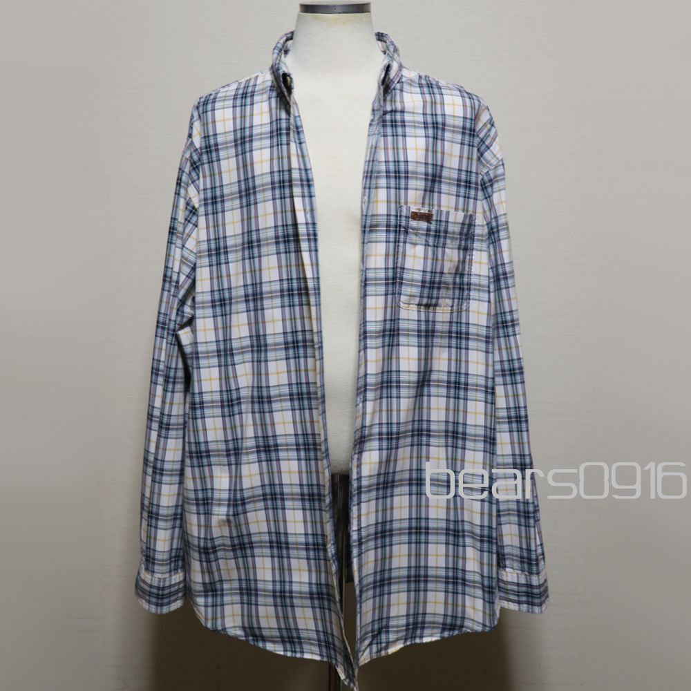 【カーハート】シャツ メンズ 2XLT 3XL 白 青 黄 マドラスチェック 2003年製 レザーパッチ 超オーバーサイズ 長袖 少々汚れありUSED品 アメリカ古着