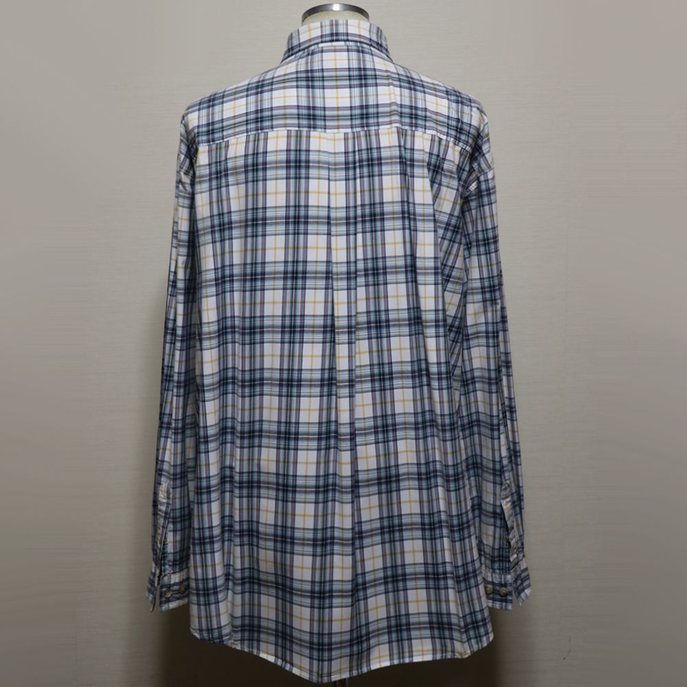 【カーハート】シャツ メンズ 2XLT 3XL 白 青 黄 マドラスチェック 2003年製 レザーパッチ 超オーバーサイズ 長袖 少々汚れありUSED品 アメリカ古着