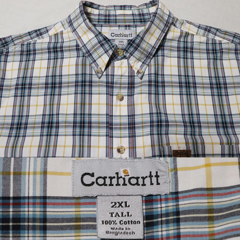 【カーハート】シャツ メンズ 2XLT 3XL 白 青 黄 マドラスチェック 2003年製 レザーパッチ 超オーバーサイズ 長袖 少々汚れありUSED品 アメリカ古着