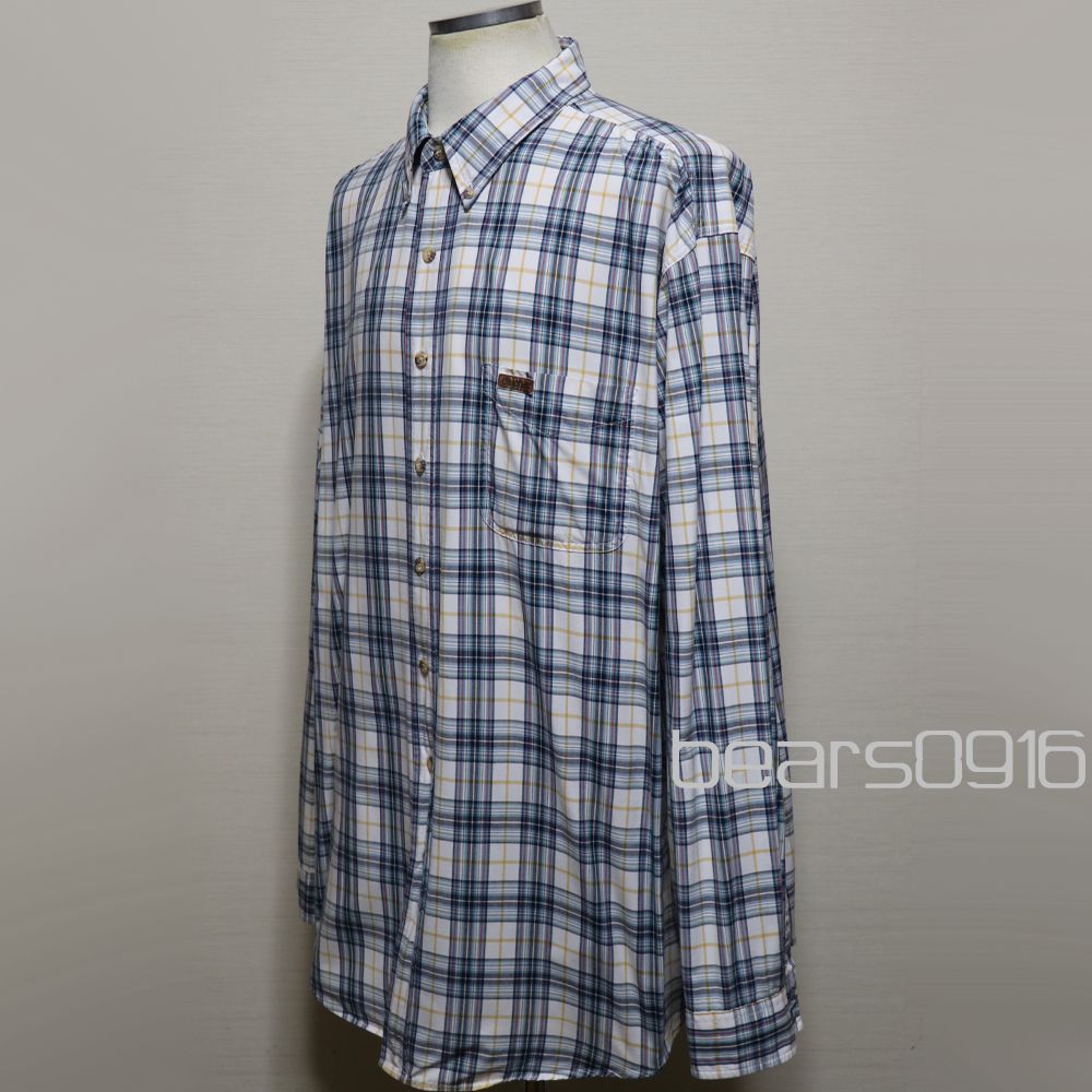 【カーハート】シャツ メンズ 2XLT 3XL 白 青 黄 マドラスチェック 2003年製 レザーパッチ 超オーバーサイズ 長袖 少々汚れありUSED品 アメリカ古着