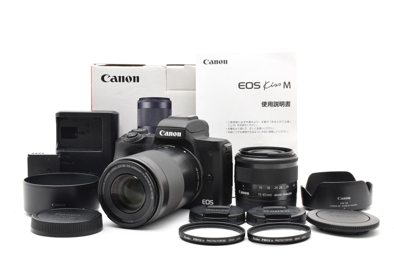 ■ 美品 ■ キヤノン　Canon EOS Kiss M ブラック 《動作確認済・ダブルレンズキット・元箱・説明書・フード・キャップ》 #A1312