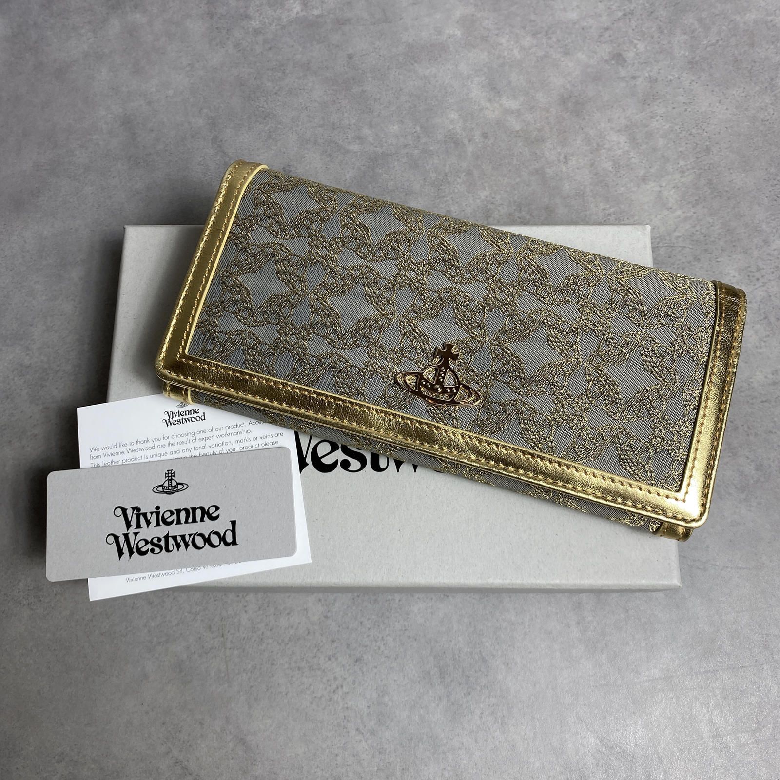 WQ1184●Vivienne Westwood：美品 長財布 RE-JACQUARD ORBORAMA 51040027-W0012 ゴールド/グレー 二つ折り ヴィヴィアンウエストウッド