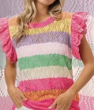 輸入 MULTI COLOR ストライプ ラッフル オープン ニット トップス L