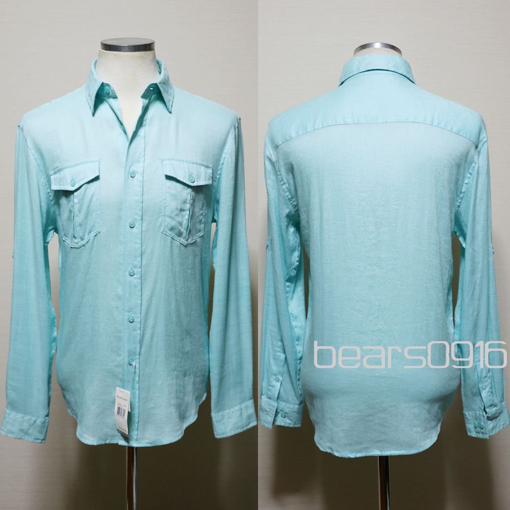 【ジェイクルー】 シャツ メンズ S M相当 新品 ミントグリーン J.CREW 高級リネン100% 両胸フラップポケット マチ付き 袖ロールアップストラップ 長袖 アメリカ購入 7,546円