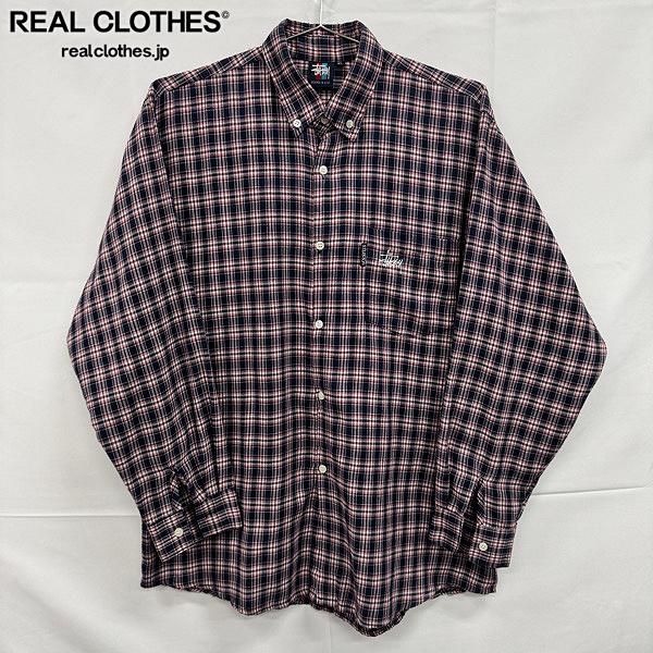 STUSSY/ステューシー オールドステューシー 90s 紺タグ ロゴ刺繍 チェック シャツ/XL
