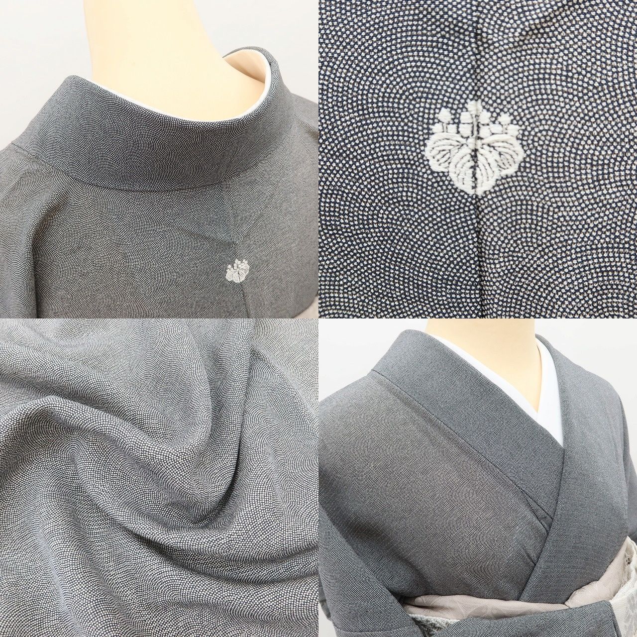 【夏着物　絽】正絹　江戸小紋　一つ紋　居敷当て無し 百華❀Y5095◇美品 縫い一ツ紋 正絹 居敷当て付き 手縫い仕立て 絽 鮫
