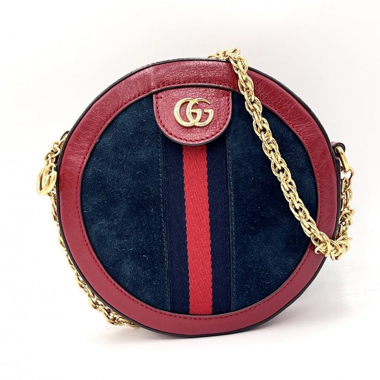 GUCCI（グッチ）オフィディア ミニ ラウンド ショルダーバッグ ヴィンテージ ウェブストライプ ネイビー レッド スエード レザー 550618【中古】