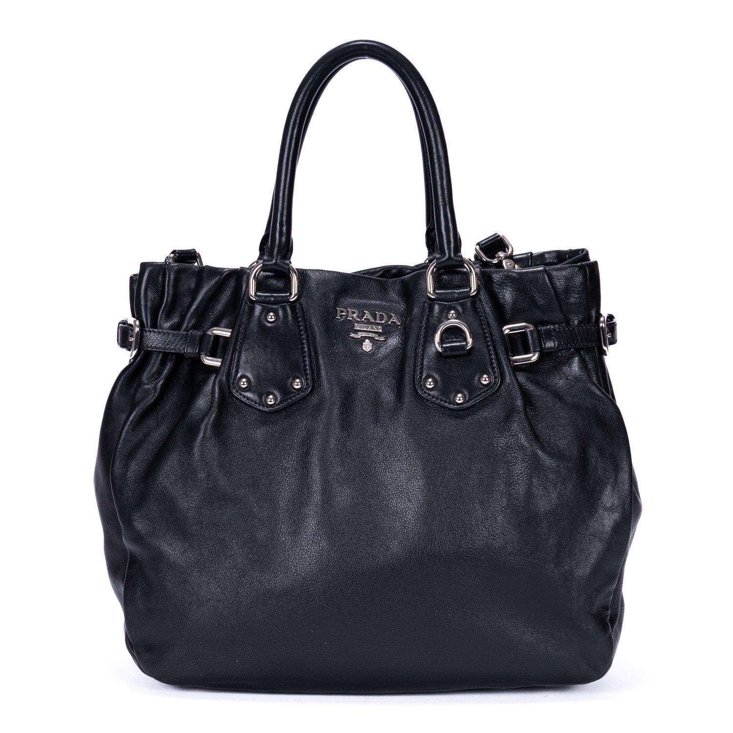[中古] PRADA プラダBelted Tote黒カーフスキンレザーA