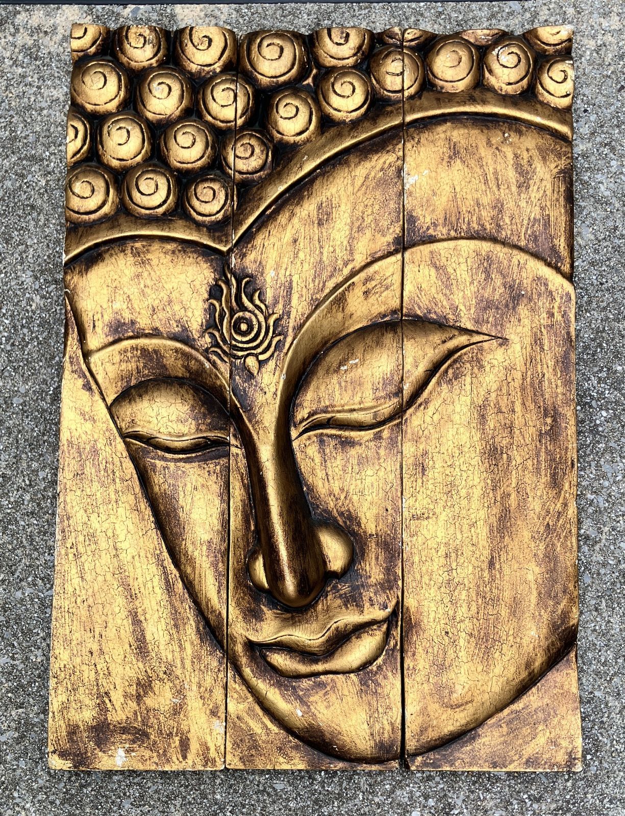 木製 仏頭レリーフ 壁掛けアート 3連パネル 特大サイズ 仏像 オブジェ アジアンインテリア #1371
